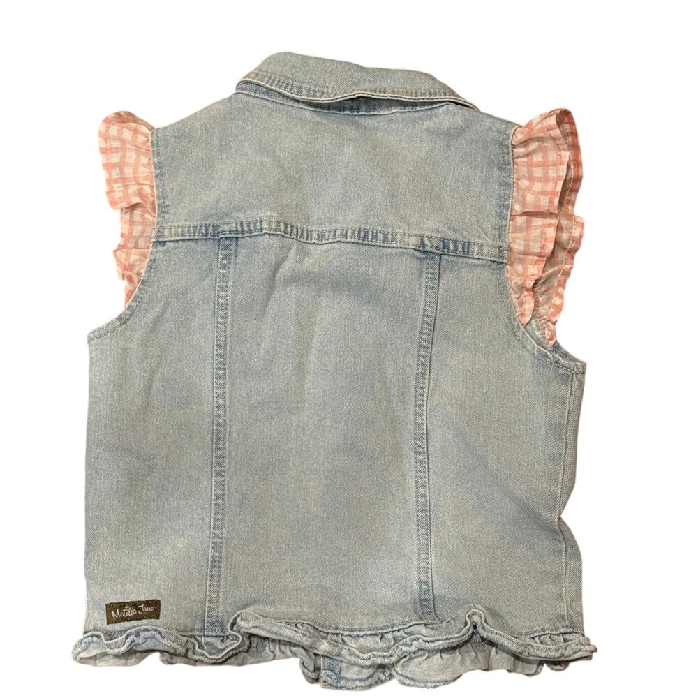 Matilda Jane Girls Genius Denim Vest Size 10 Gingham Ruffle Bow Detail - Picture 3 of 7